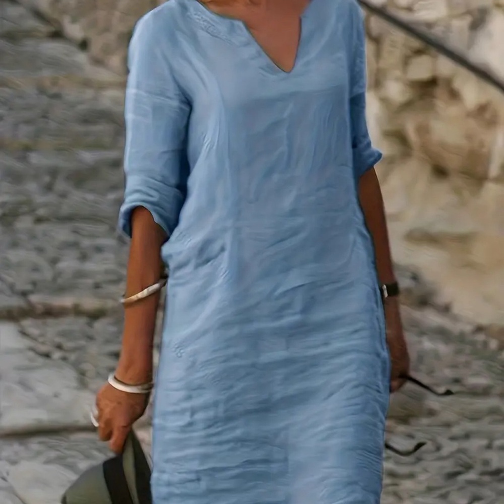 Solid Color Notched Neck Dress, Short Sleeve Linen Shift Dress For Spring&Summer